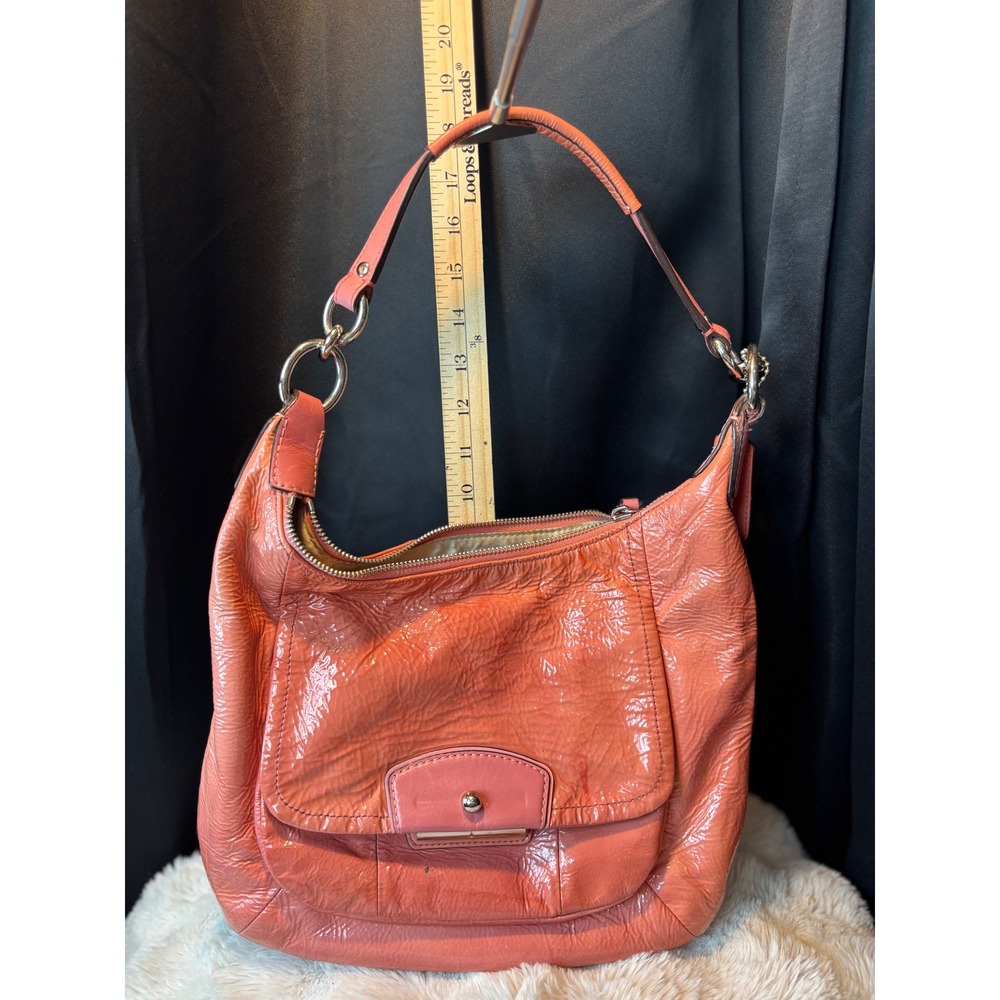 Coach Coral Pink Crinkled Patent Leather Hobo Shoulder Bag Turnlock Pink Bag